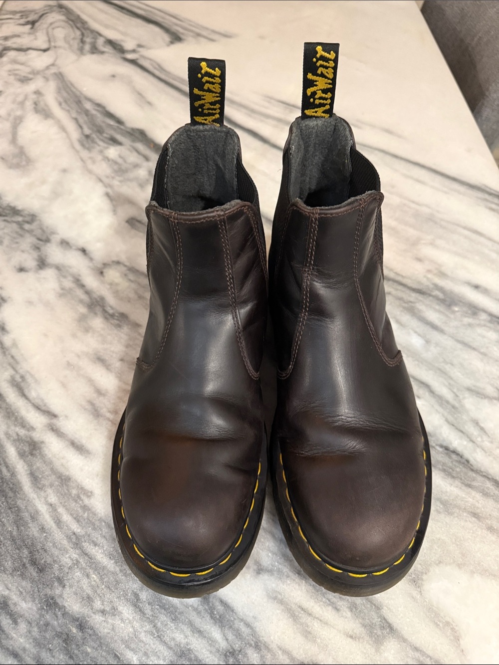 Dr. Martens Brown Leather Chelsea 24042 Boots with Yellow Stitching